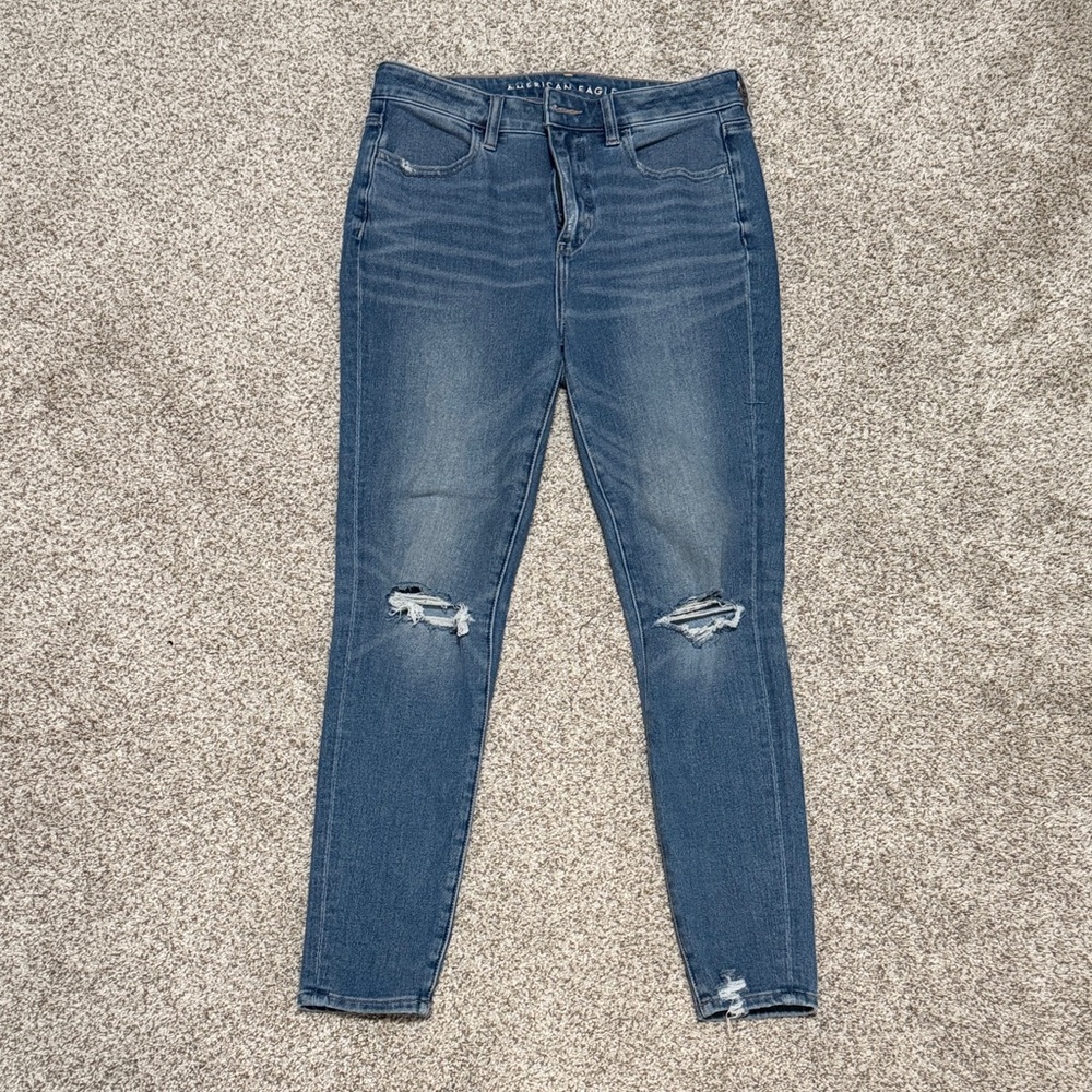 American Eagle Outfitters Women's Dark Blue Ripped Skinny Jeans